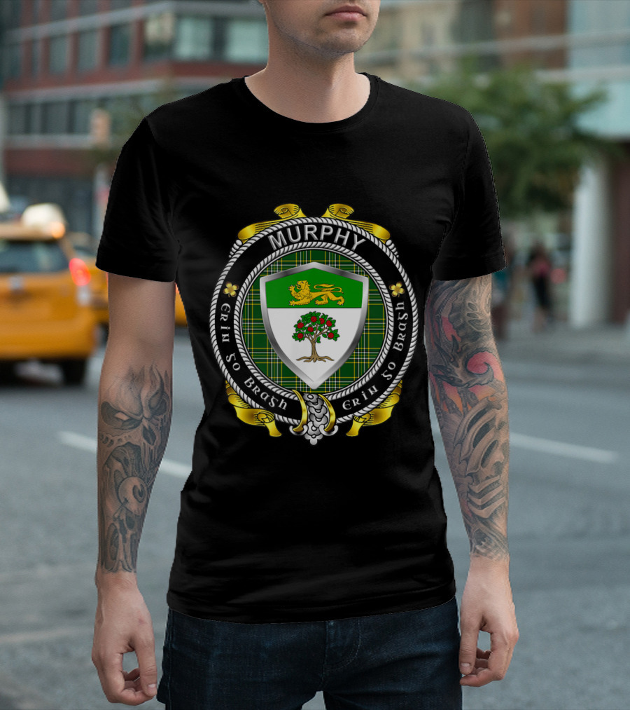 Murphy Erin Go Bragh Irish Family Crest Shield with Lion and Tree Symbols T-Shirt