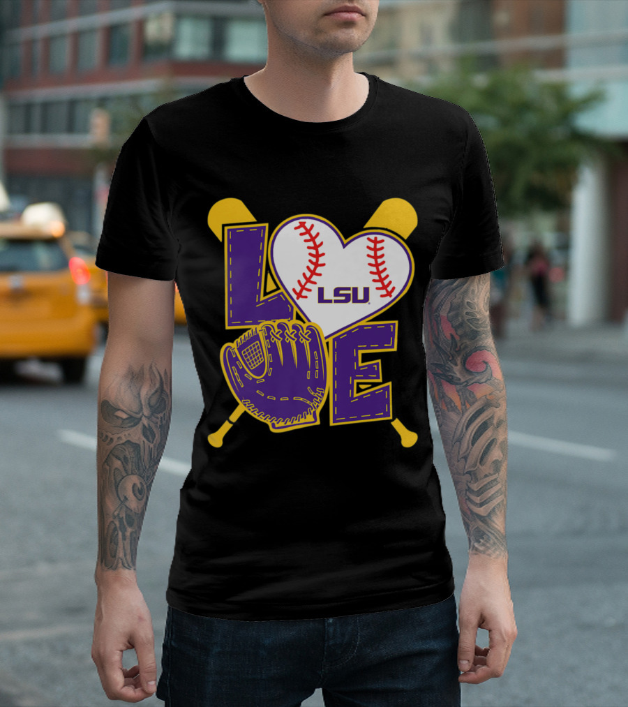 LSU Tigers Heart Baseball Purple Gold Love Glove Bats T-Shirt