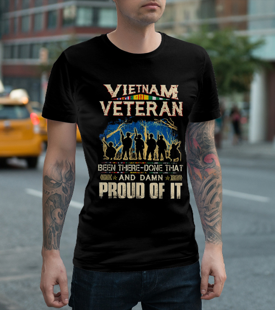 Vietnam Veteran Been There Done That And Damn Proud Of It Silhouettes With Color Bars T-Shirt