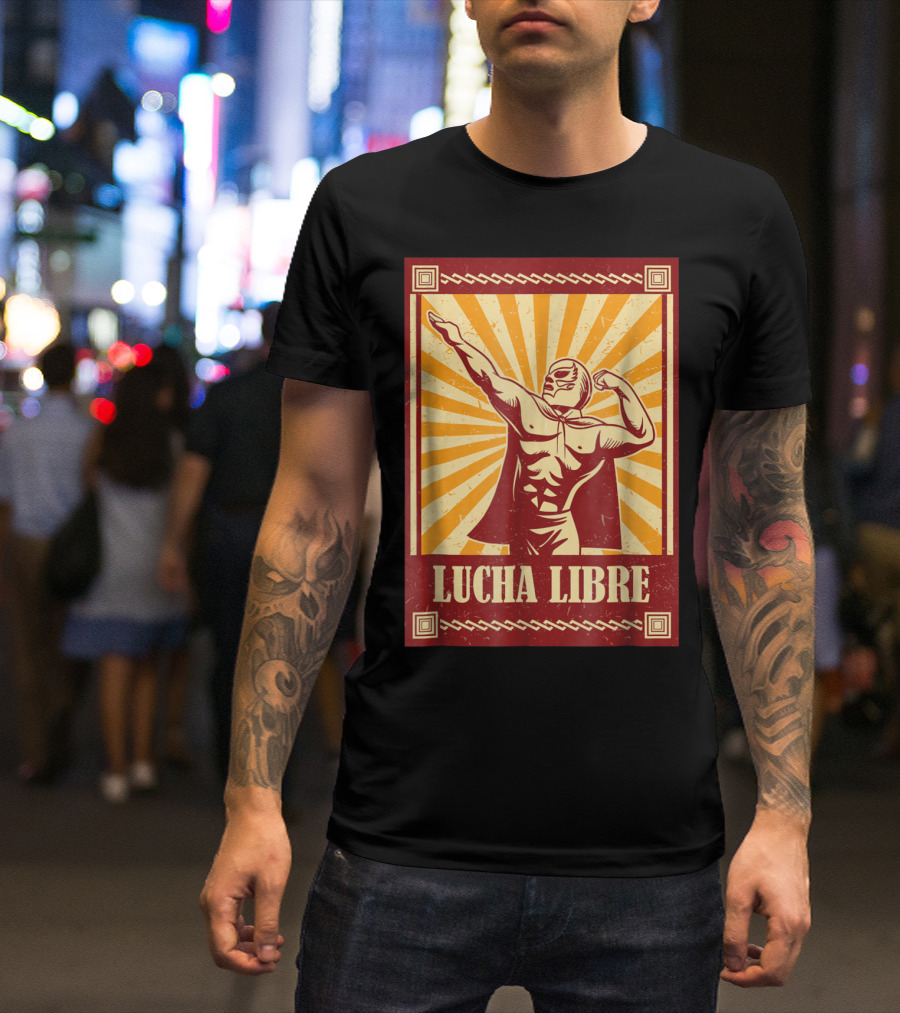 Lucha Libre Mexican Wrestling Fanatic Retro Sunburst Masked Wrestler T-Shirt