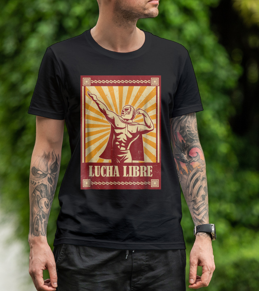 Lucha Libre Mexican Wrestling Fanatic Retro Sunburst Masked Wrestler T-Shirt