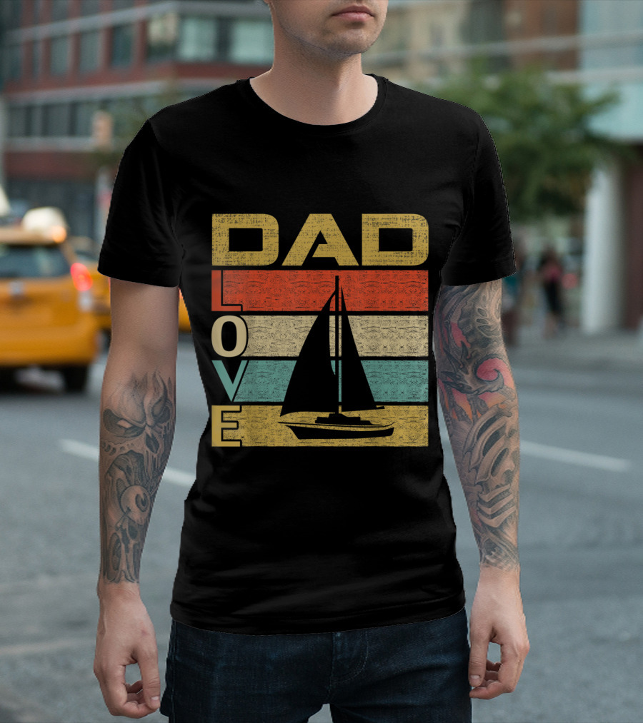 Retro Vintage Dad Love Sailing Colorful Stripes and Sailboat T-Shirt