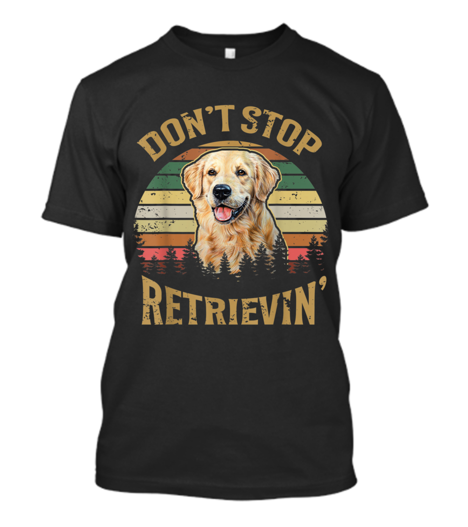 Don't Stop Retrievin' Golden Retriever Vintage Retro Puppy With Stripes And Trees T-Shirt