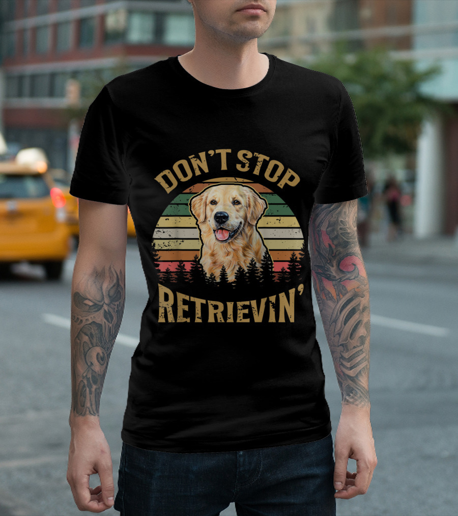 Don't Stop Retrievin' Golden Retriever Vintage Retro Puppy With Stripes And Trees T-Shirt