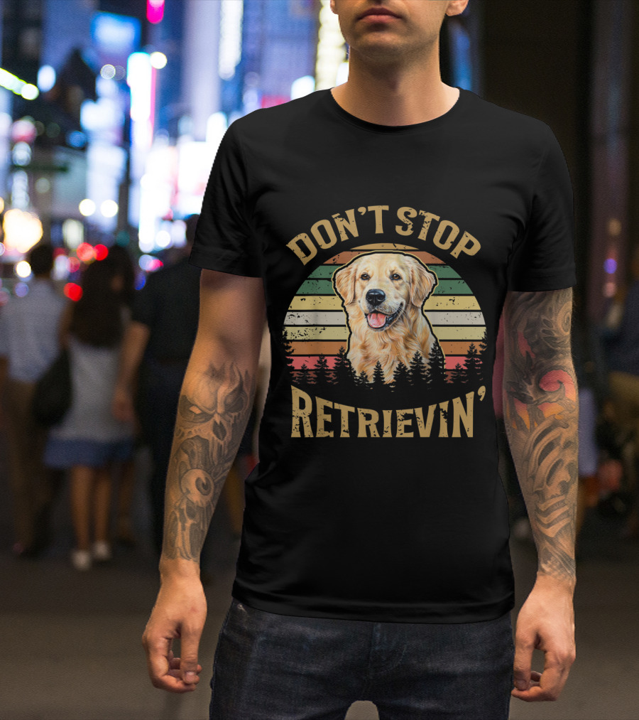 Don't Stop Retrievin' Golden Retriever Vintage Retro Puppy With Stripes And Trees T-Shirt