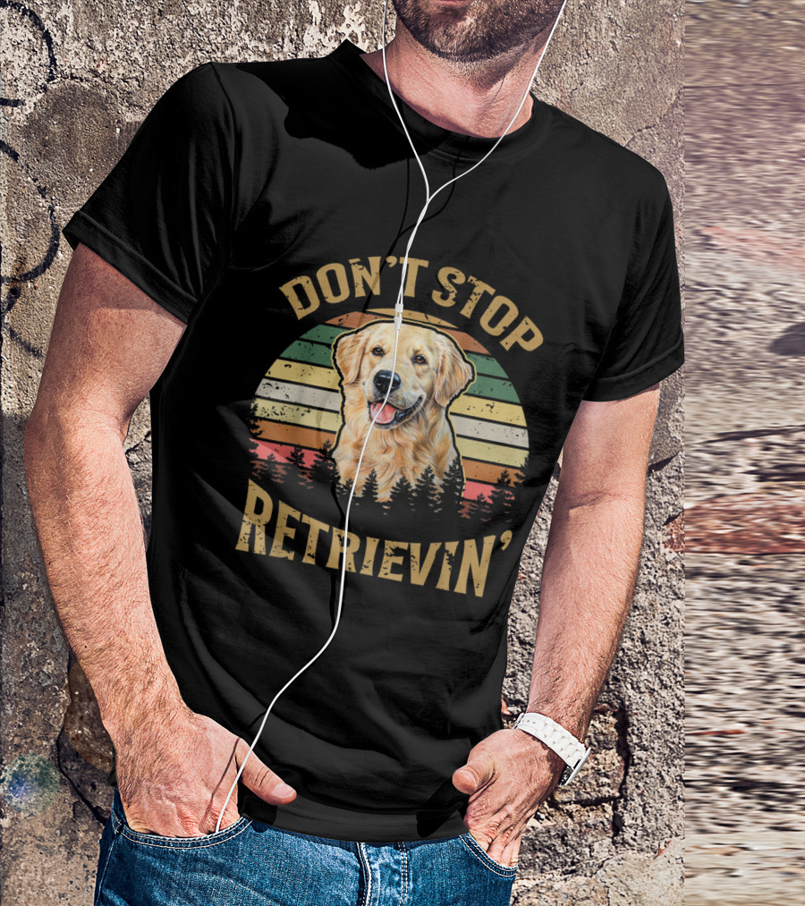 Don't Stop Retrievin' Golden Retriever Vintage Retro Puppy With Stripes And Trees T-Shirt