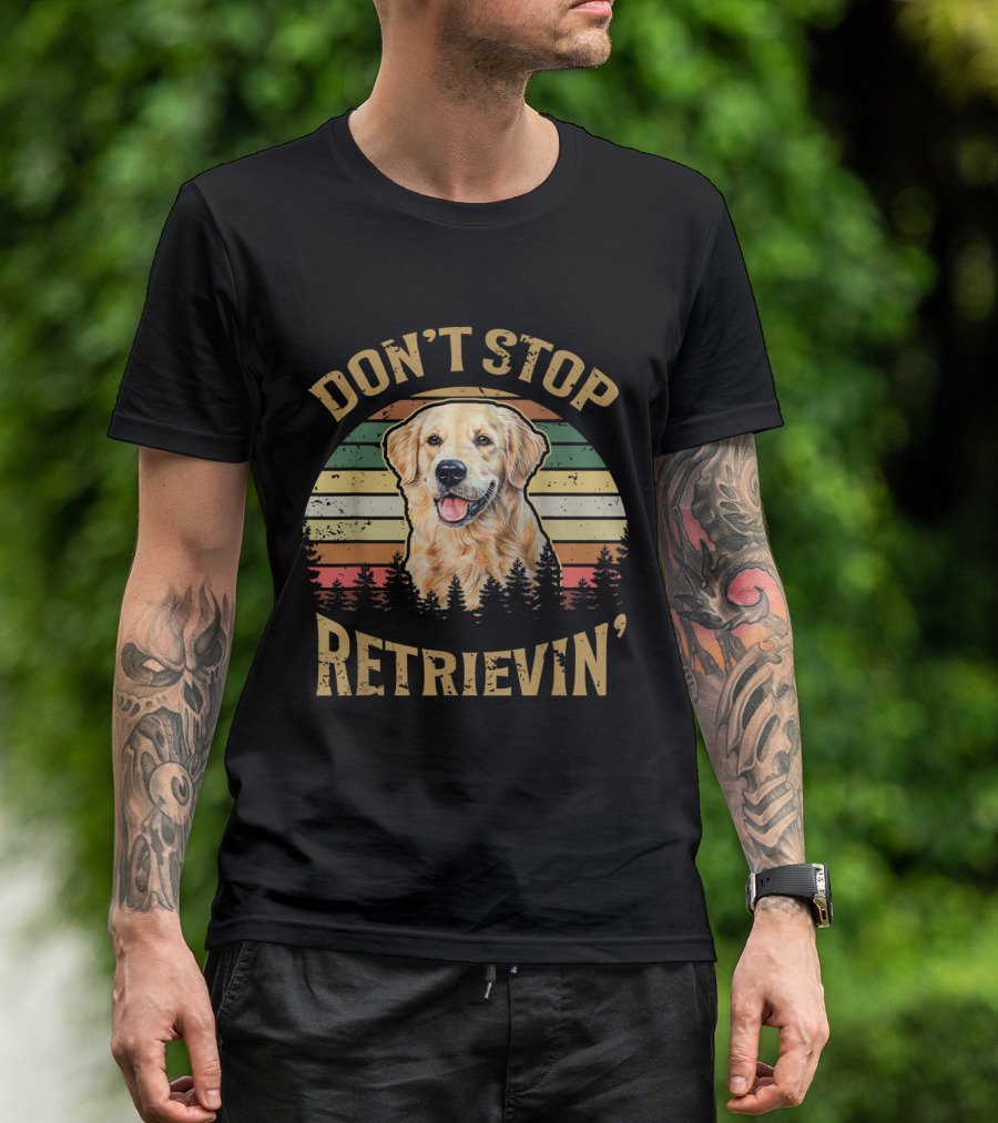 Don't Stop Retrievin' Golden Retriever Vintage Retro Puppy With Stripes And Trees T-Shirt