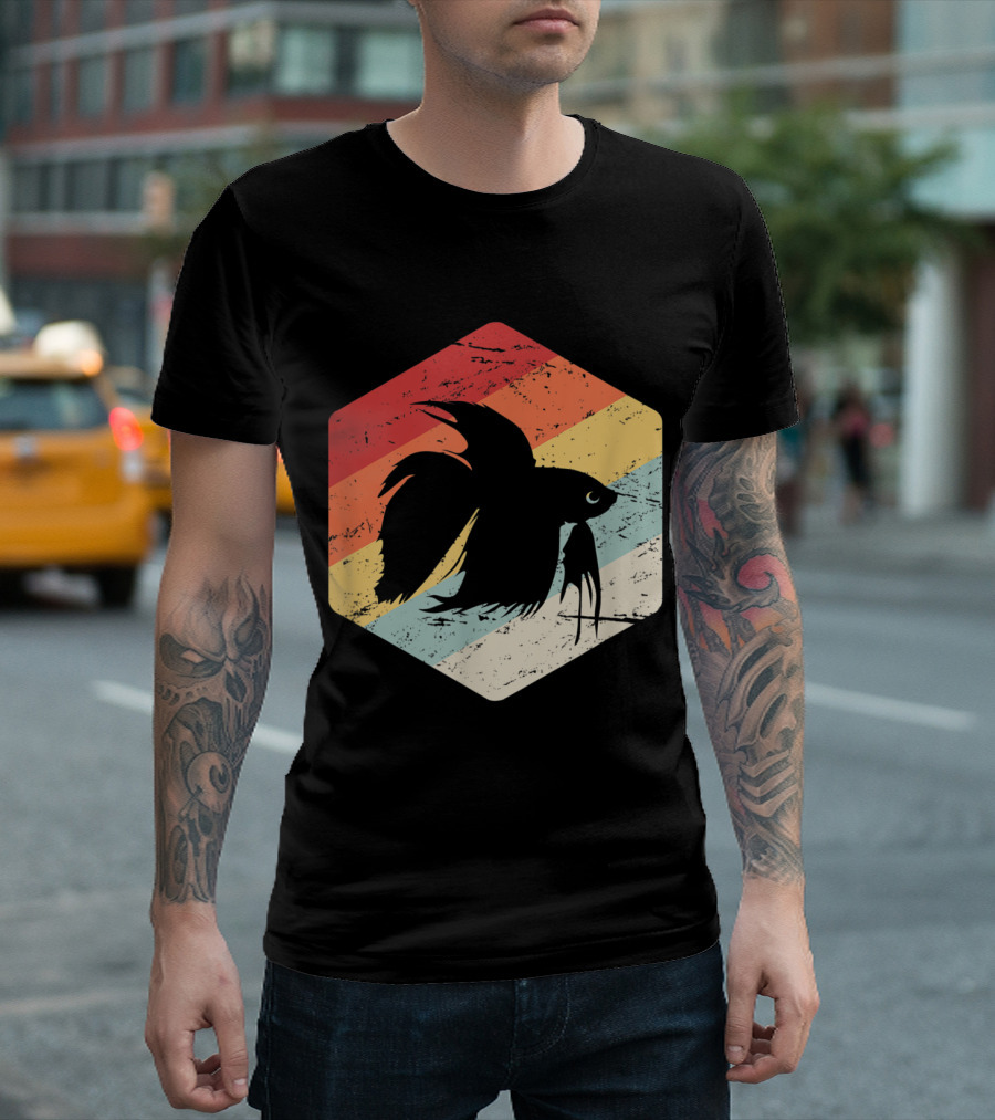 Retro Vintage Freshwater Aquarium Betta Fish With Striped Hexagon Background T-Shirt