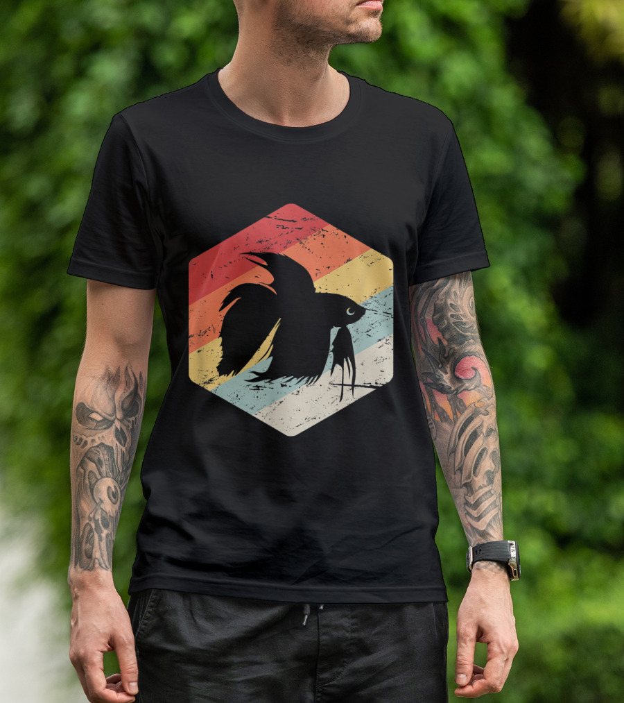 Retro Vintage Freshwater Aquarium Betta Fish With Striped Hexagon Background T-Shirt