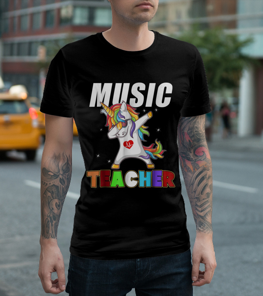 Music Teacher Unicorn Dabbing with Rainbow Mane and Heart Beat T-Shirt