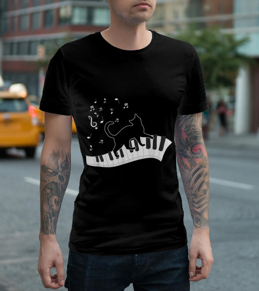 Musical Cat Stepping on Piano Keys with Floating Notes for Music Teacher T-Shirt