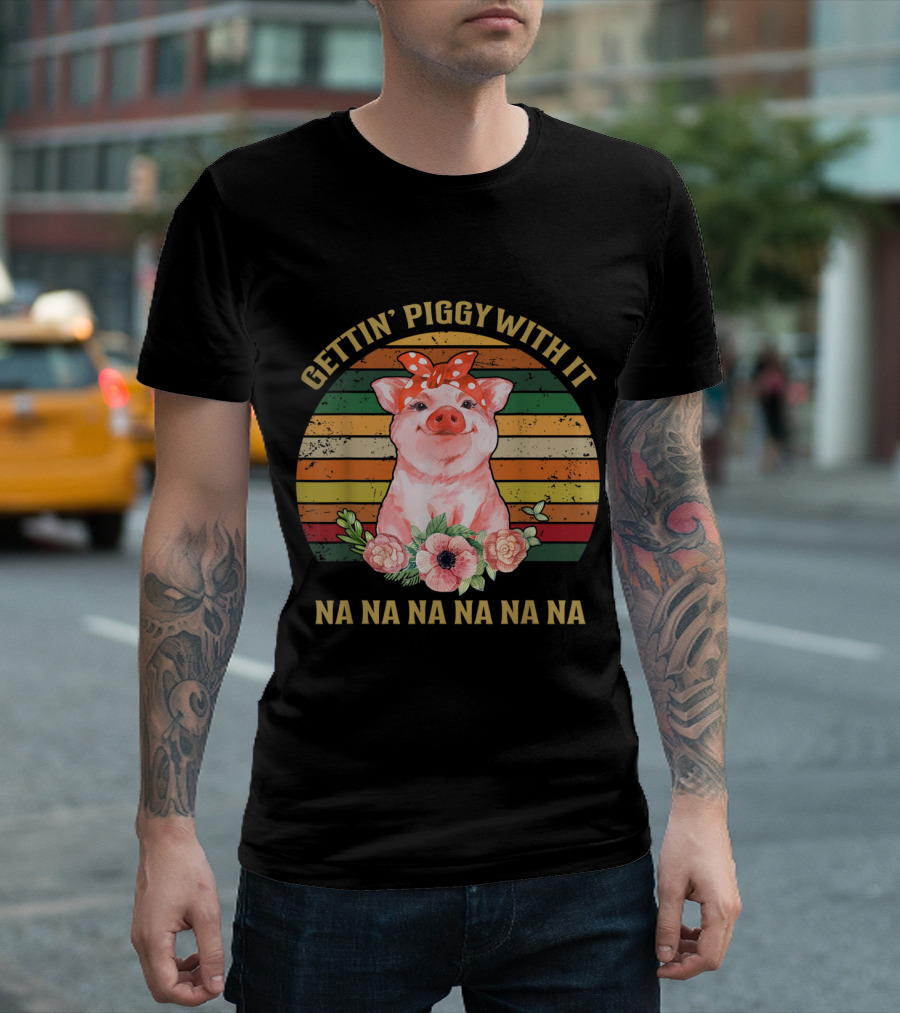Retro Vintage Gettin' Piggy With It Na Na Na Na Na Na Cute Pig Rainbow Stripes Floral Headband T-Shirt