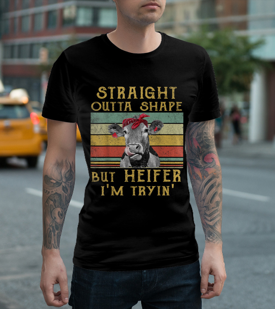 Straight Outta Shape Retro Cow Humor Heifer I'm Tryin' T-Shirt