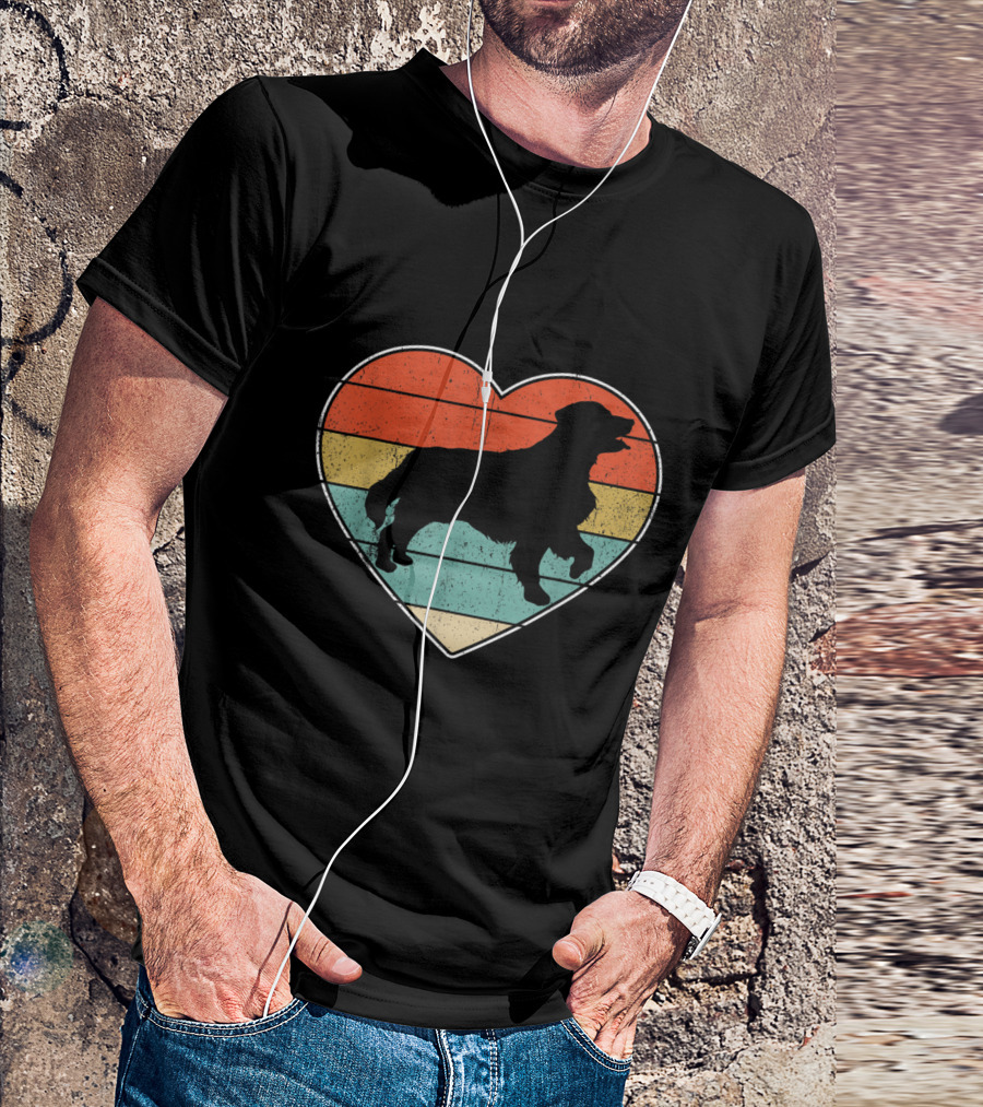 Retro Golden Retriever Heart Silhouette With Vintage Stripes T-Shirt