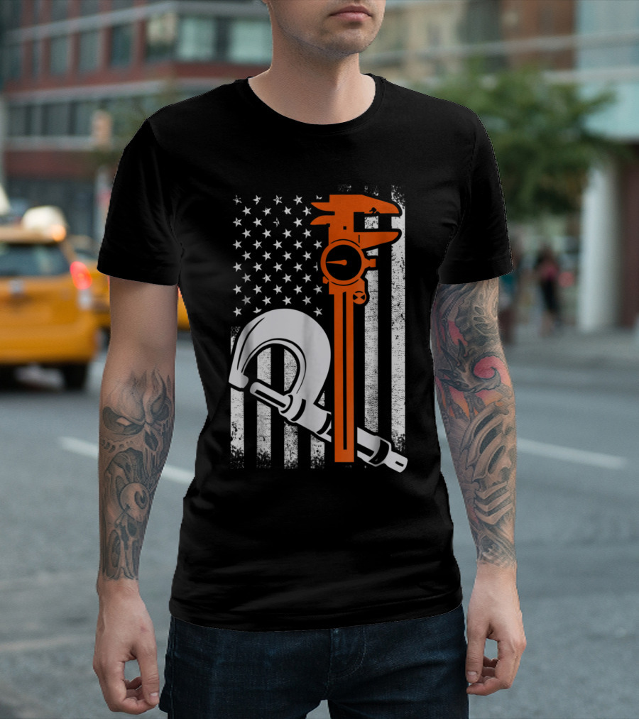 Patriotic Machinist Engineer Wrench American Flag Humor T-Shirt