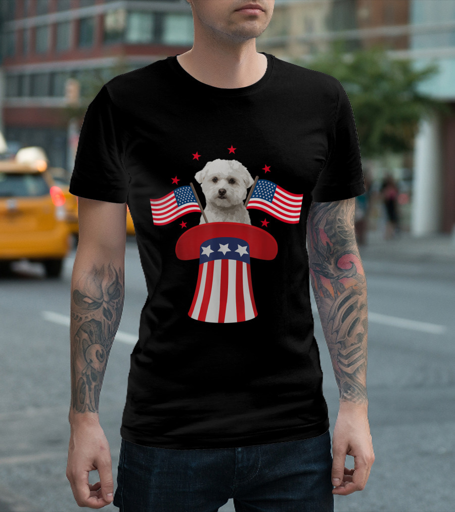 Magic Maltese Dog In Patriotic American Flag Hat With Stars And Stripes For 4th Of July T-Shirt