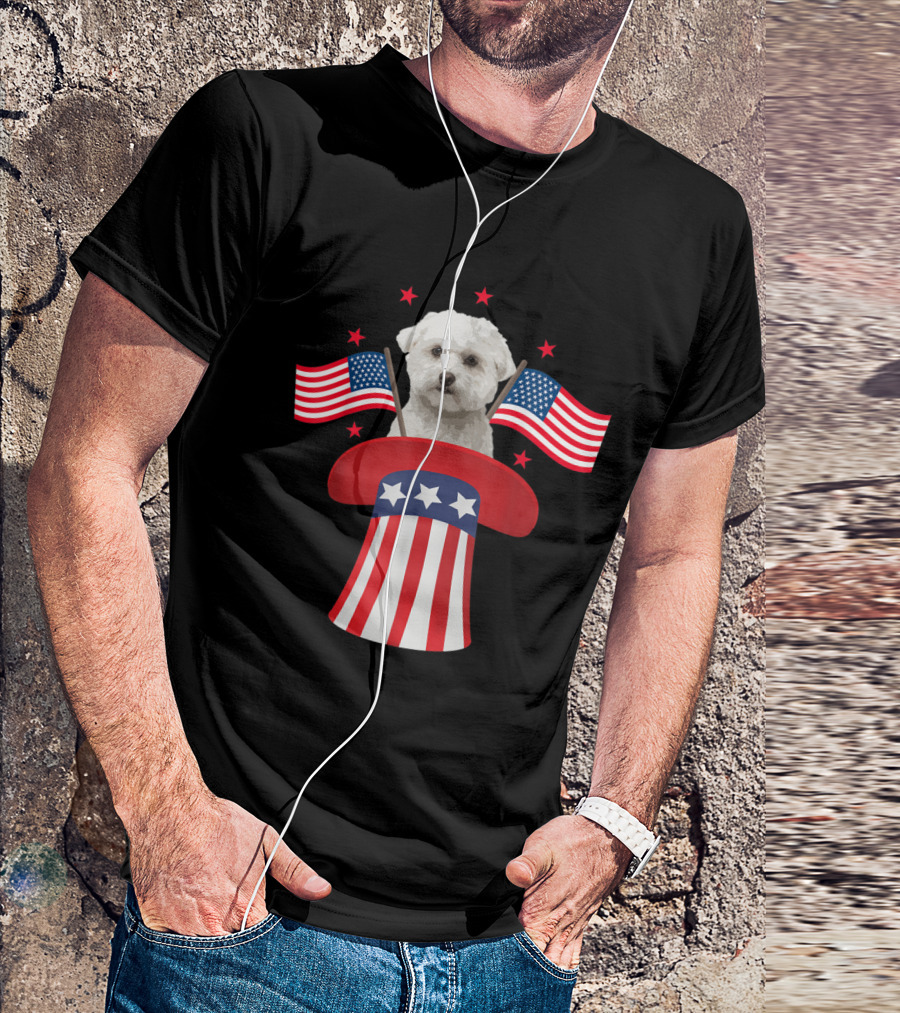 Magic Maltese Dog In Patriotic American Flag Hat With Stars And Stripes For 4th Of July T-Shirt