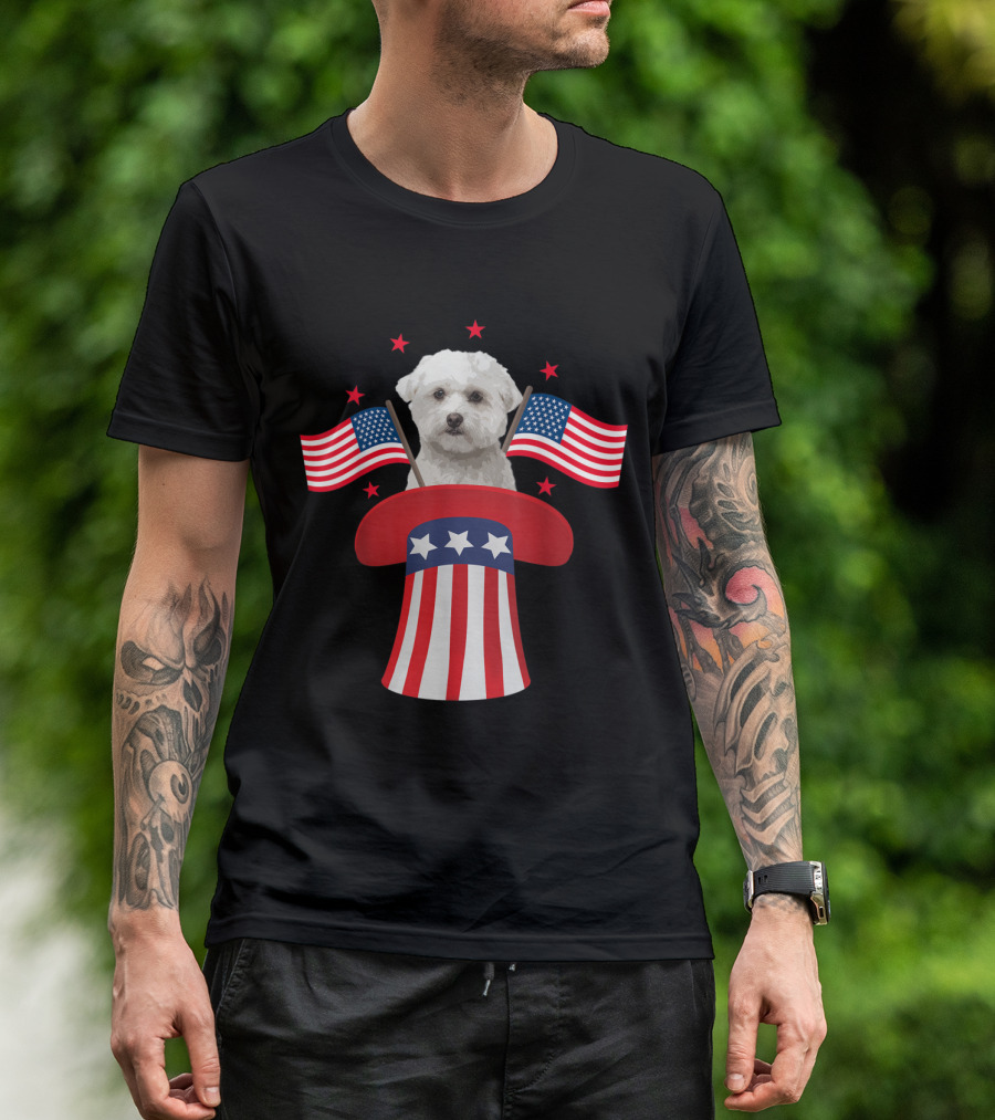 Magic Maltese Dog In Patriotic American Flag Hat With Stars And Stripes For 4th Of July T-Shirt