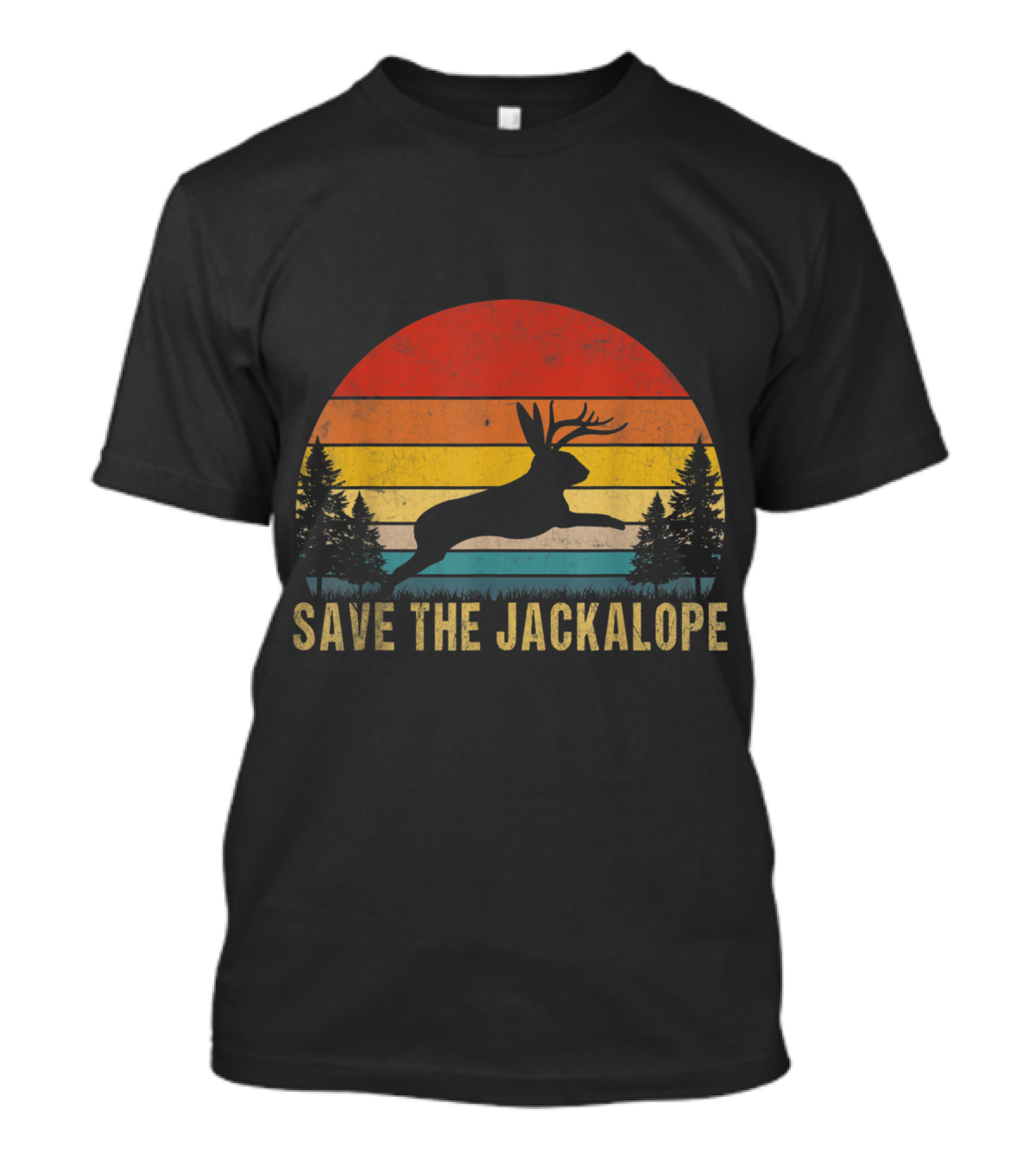 Save The Jackalope Vintage Retro Sunset Silhouette With Forest Stripe T-Shirt