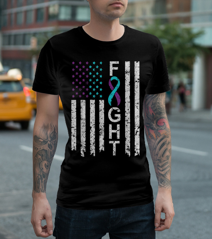 Fight for Suicide Prevention Awareness America with Purple Teal American Flag T-Shirt