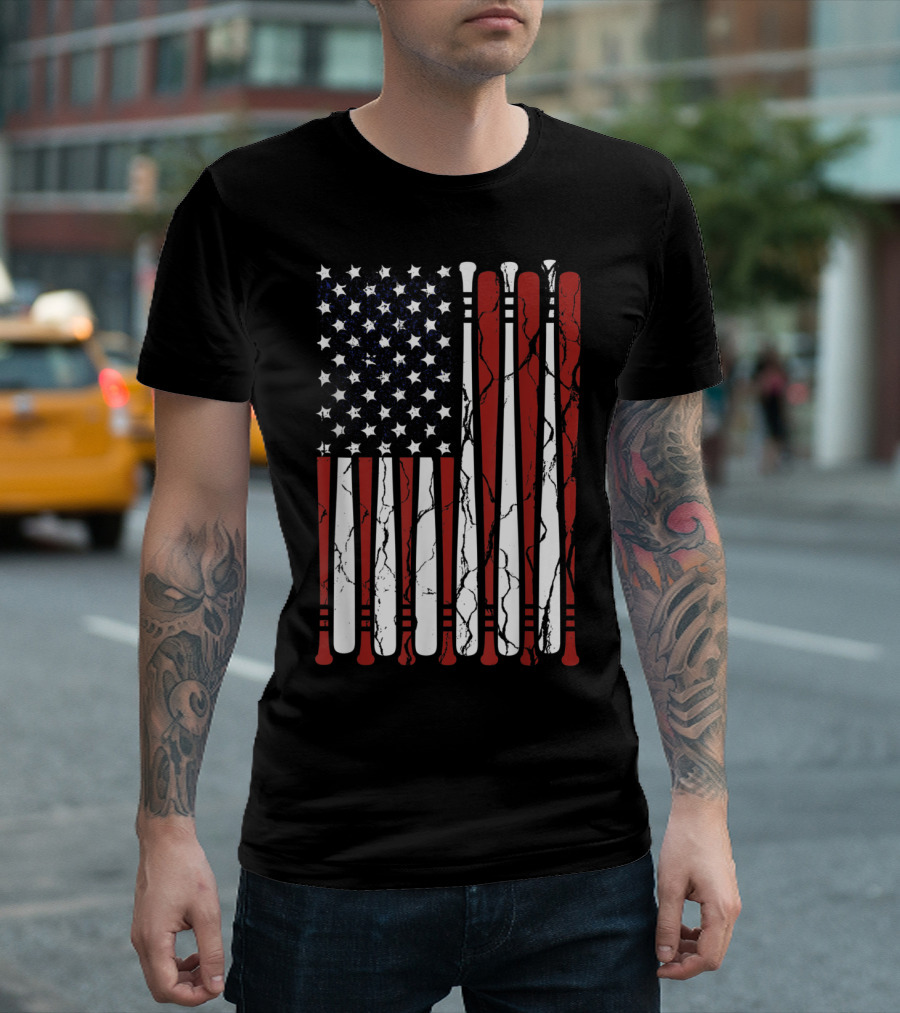 Vintage American Flag Baseball Bats Patriotic Men Boy T-Shirt