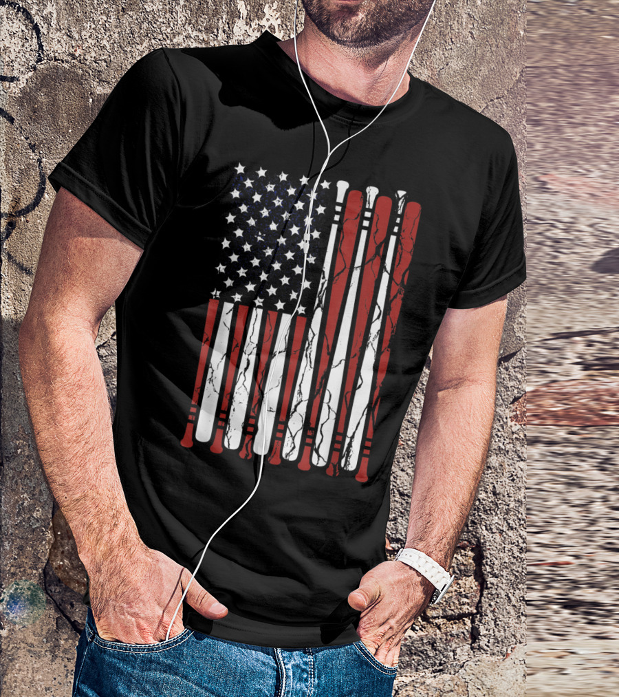 Vintage American Flag Baseball Bats Patriotic Men Boy T-Shirt