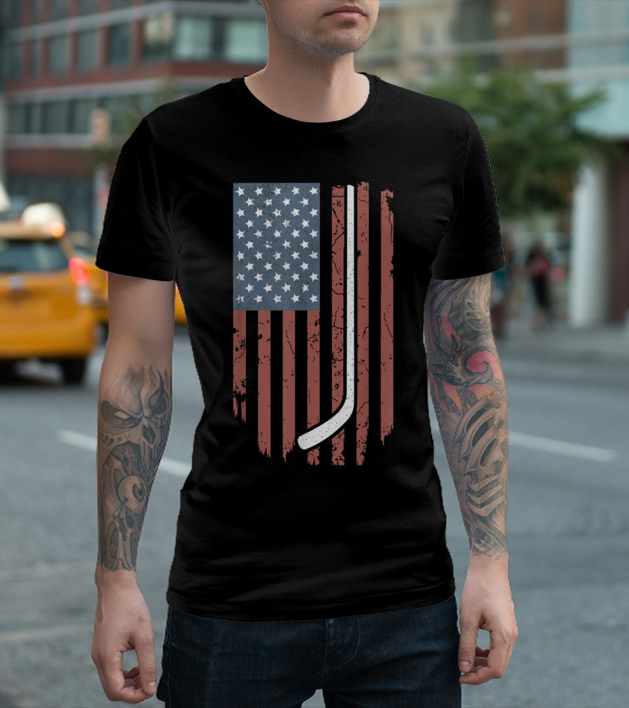 Vintage Distressed American Flag Hockey Stick T-Shirt