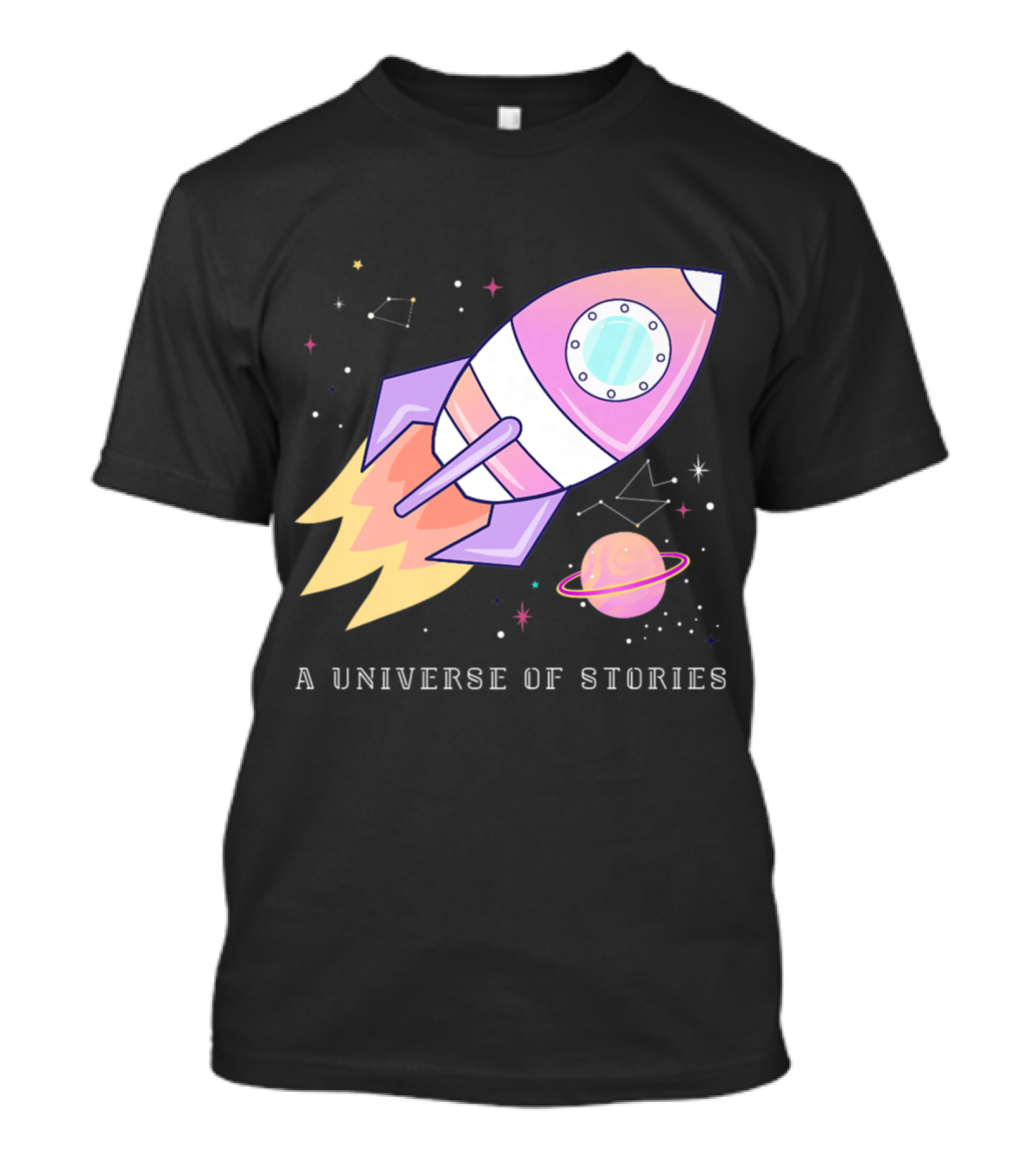 A Universe Of Stories Summer Reading Funny Space Librarian Rocket Planet T-Shirt