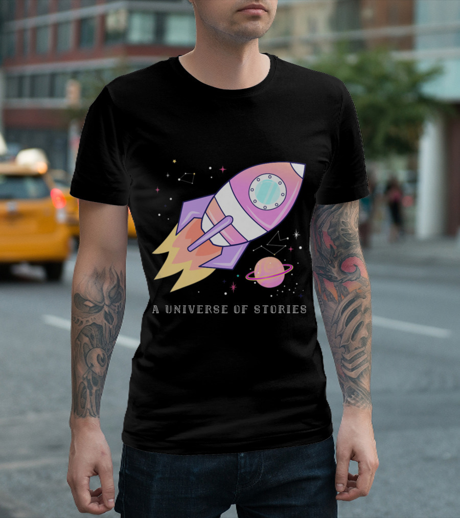 A Universe Of Stories Summer Reading Funny Space Librarian Rocket Planet T-Shirt