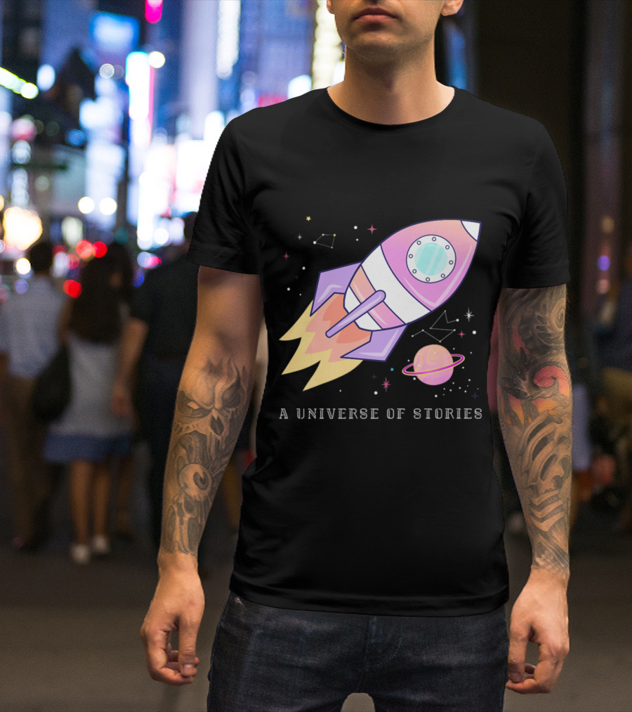 A Universe Of Stories Summer Reading Funny Space Librarian Rocket Planet T-Shirt