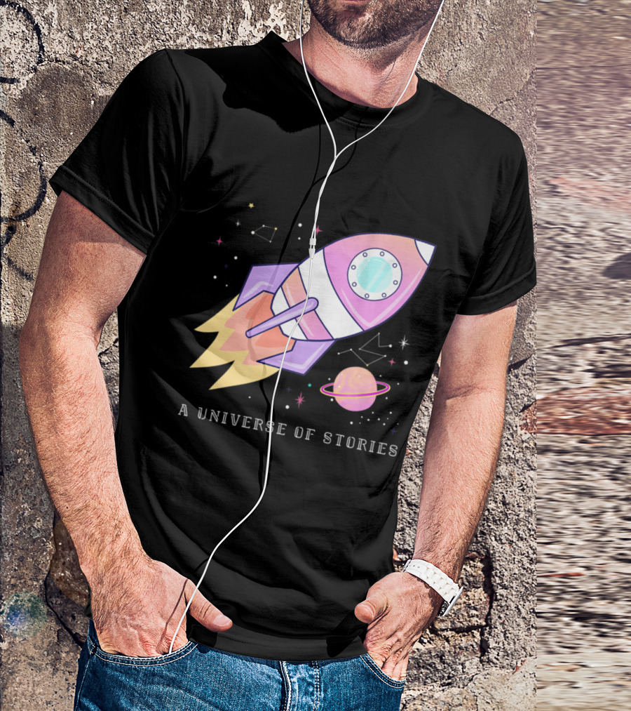 A Universe Of Stories Summer Reading Funny Space Librarian Rocket Planet T-Shirt