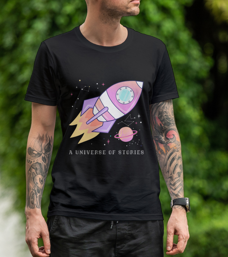 A Universe Of Stories Summer Reading Funny Space Librarian Rocket Planet T-Shirt