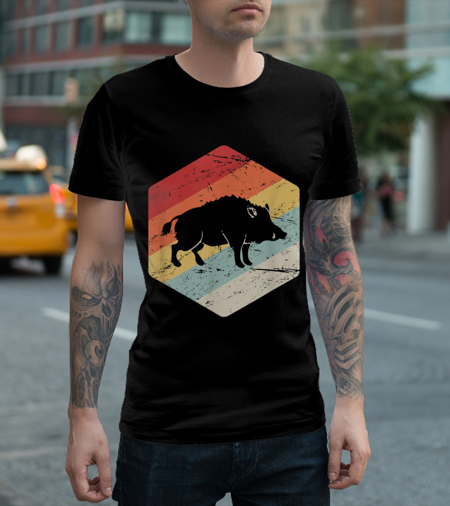 Retro Vintage Wild Hog Hunter Rainbow Hexagon T-Shirt