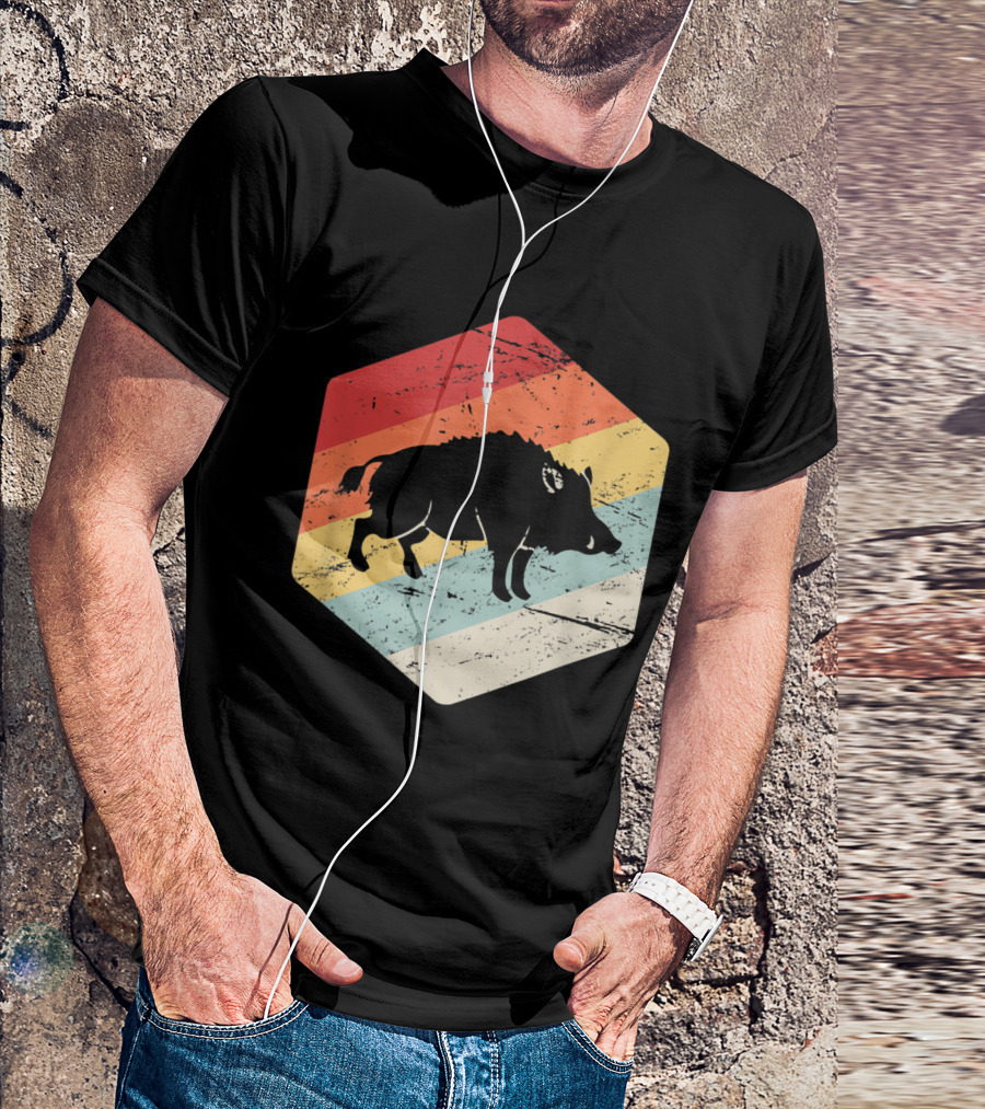 Retro Vintage Wild Hog Hunter Rainbow Hexagon T-Shirt