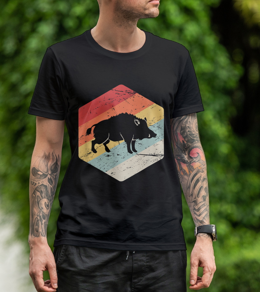 Retro Vintage Wild Hog Hunter Rainbow Hexagon T-Shirt