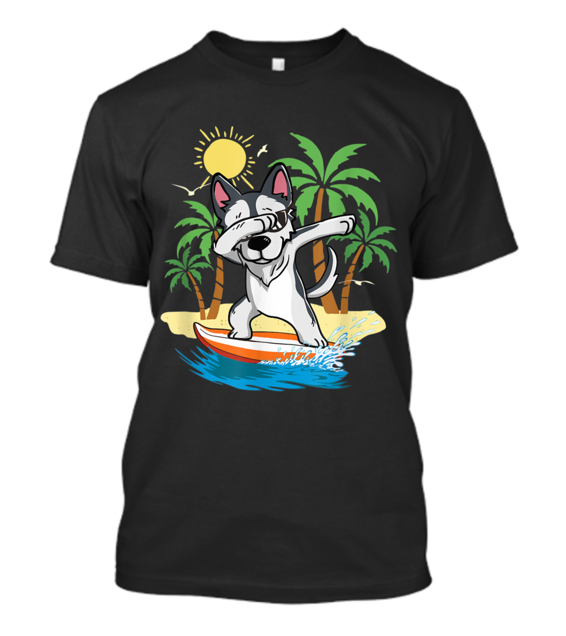 Summer Vacation Dabbing Husky Surfing Surfboard Beach Palm Trees Sun T-Shirt