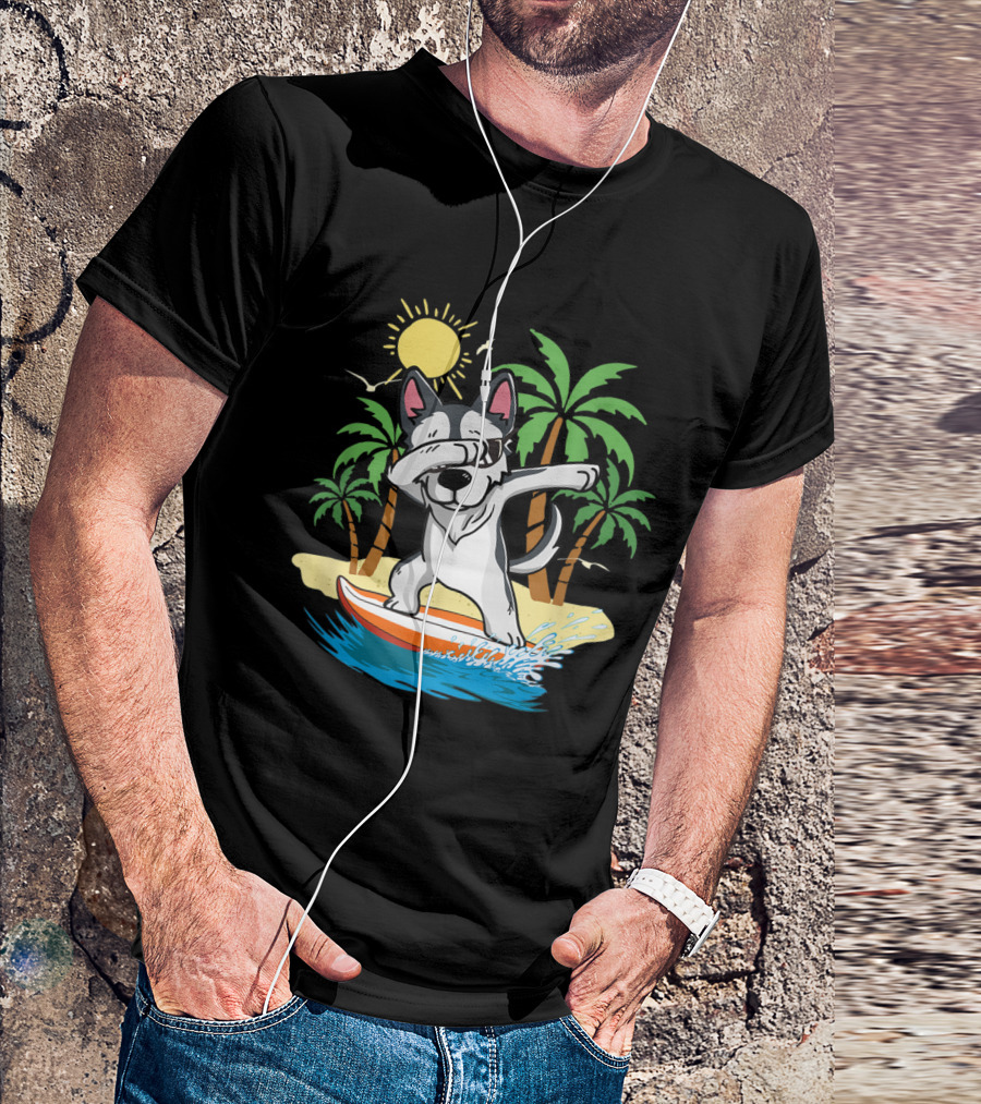 Summer Vacation Dabbing Husky Surfing Surfboard Beach Palm Trees Sun T-Shirt
