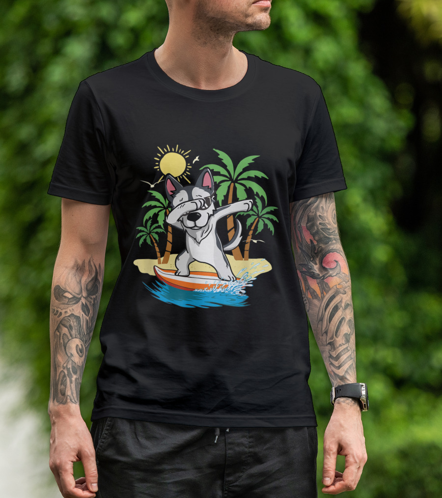 Summer Vacation Dabbing Husky Surfing Surfboard Beach Palm Trees Sun T-Shirt