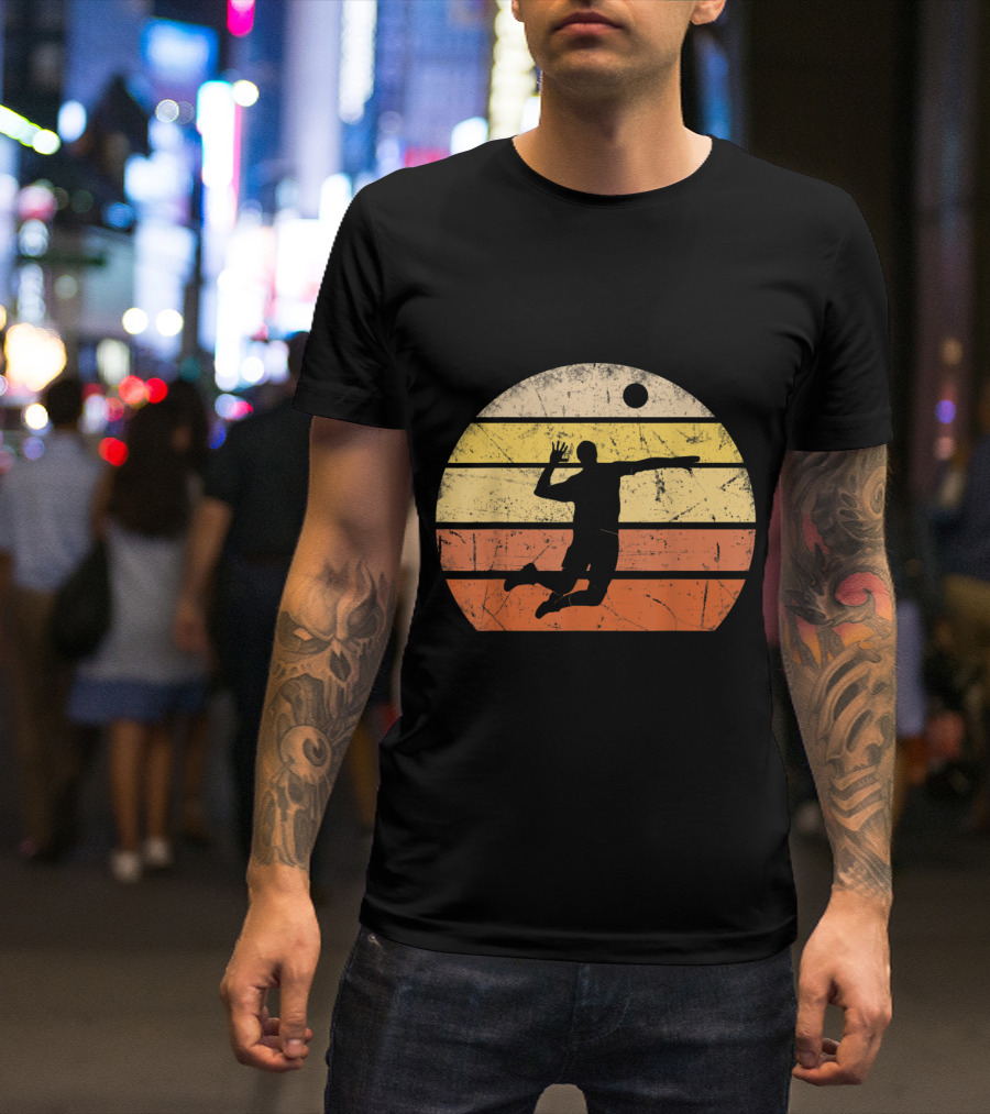 Retro Volleyball Sunset Silhouette Player Jumping Action T-Shirt