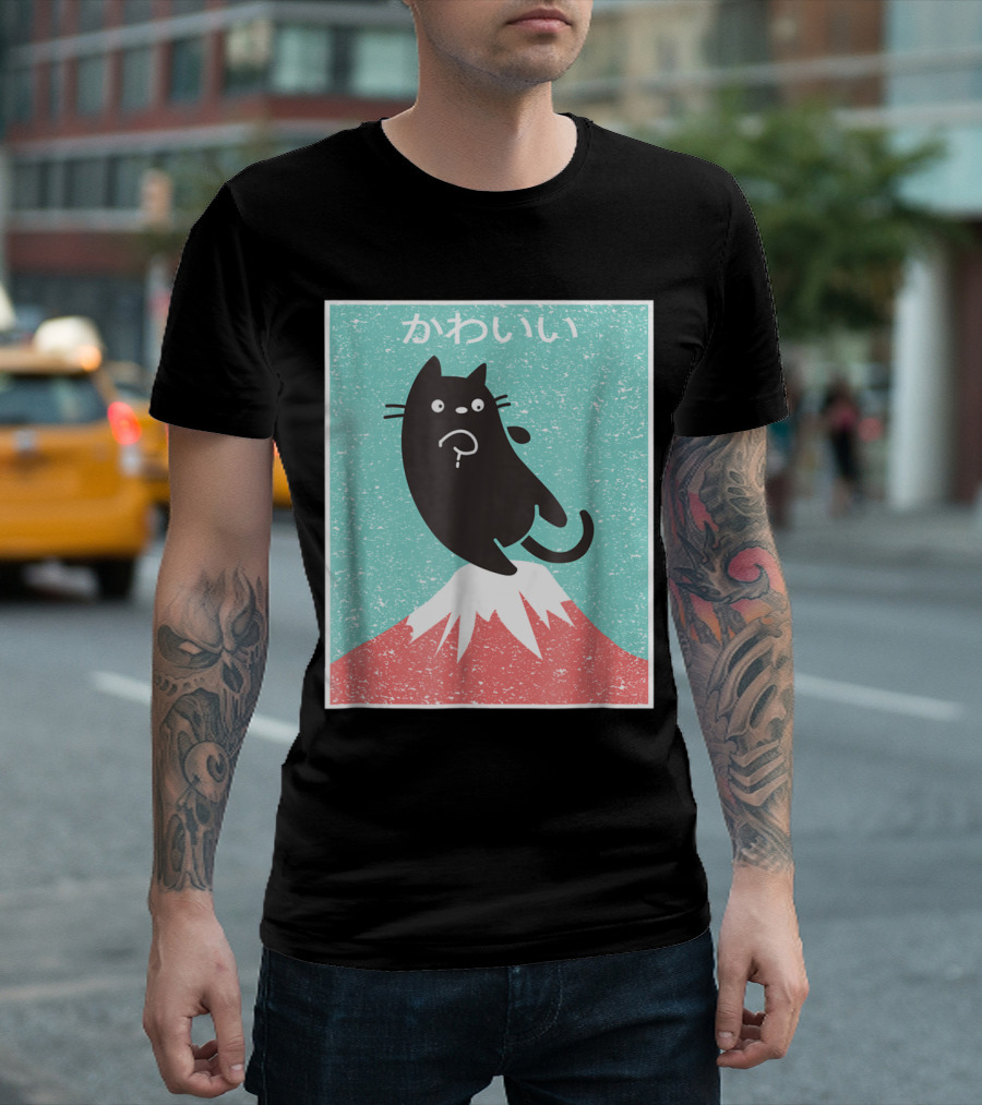 Kawaii Vintage Anime Cat with Mount Fuji Japanese T-Shirt