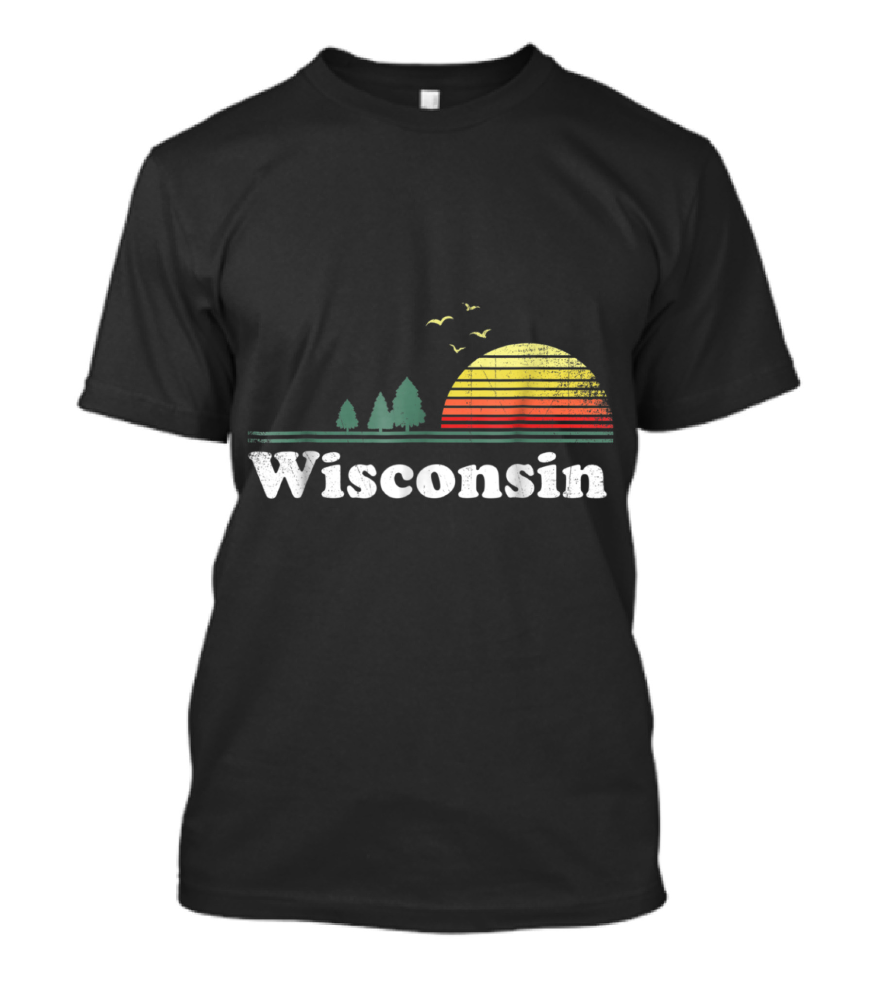 Wisconsin Retro Sunset With Trees And Birds T-Shirt