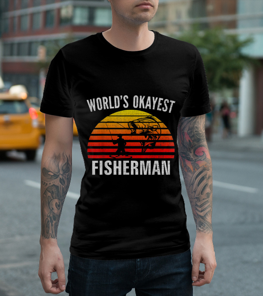 World's Okayest Fisherman Retro Sunset Bass Fishing Vintage T-Shirt
