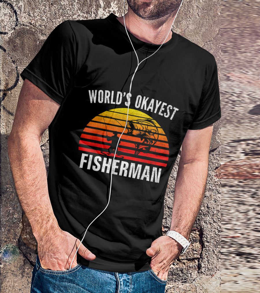 World's Okayest Fisherman Retro Sunset Bass Fishing Vintage T-Shirt