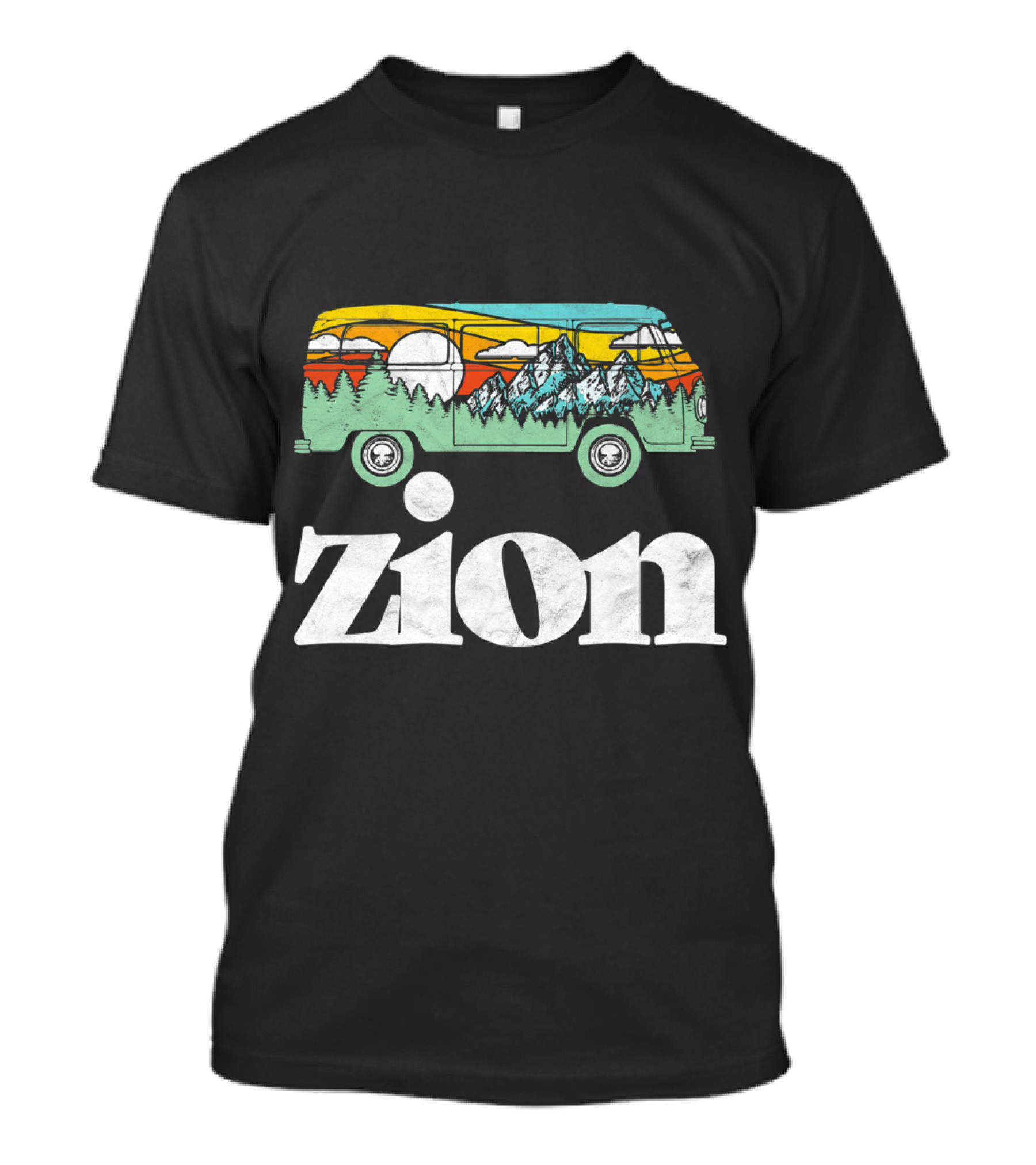 Zion National Park Retro Hippie Van With Mountains And Sun Scenery T-Shirt