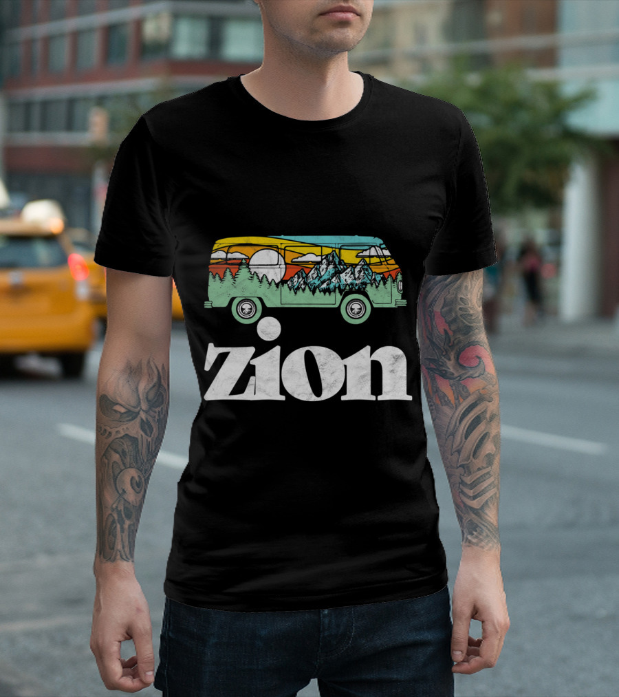 Zion National Park Retro Hippie Van With Mountains And Sun Scenery T-Shirt