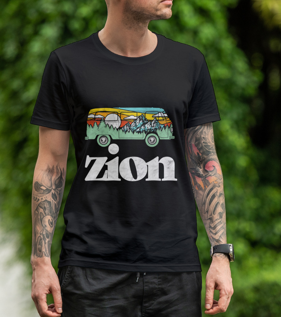 Zion National Park Retro Hippie Van With Mountains And Sun Scenery T-Shirt
