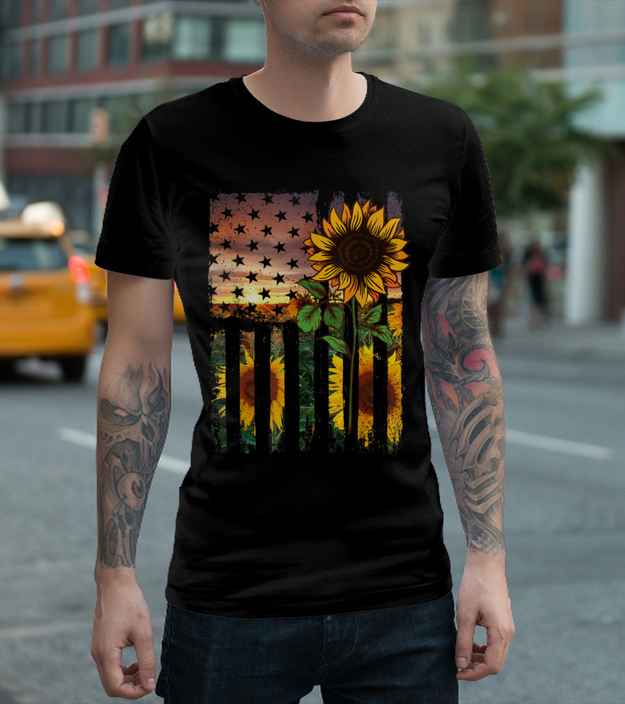 Sunflower And American Flag Sunset 4th Of July T-Shirt