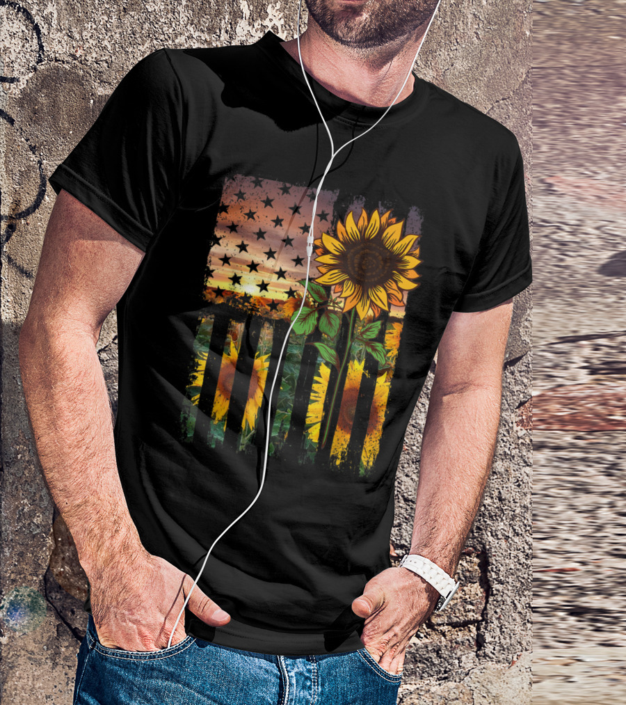 Sunflower And American Flag Sunset 4th Of July T-Shirt