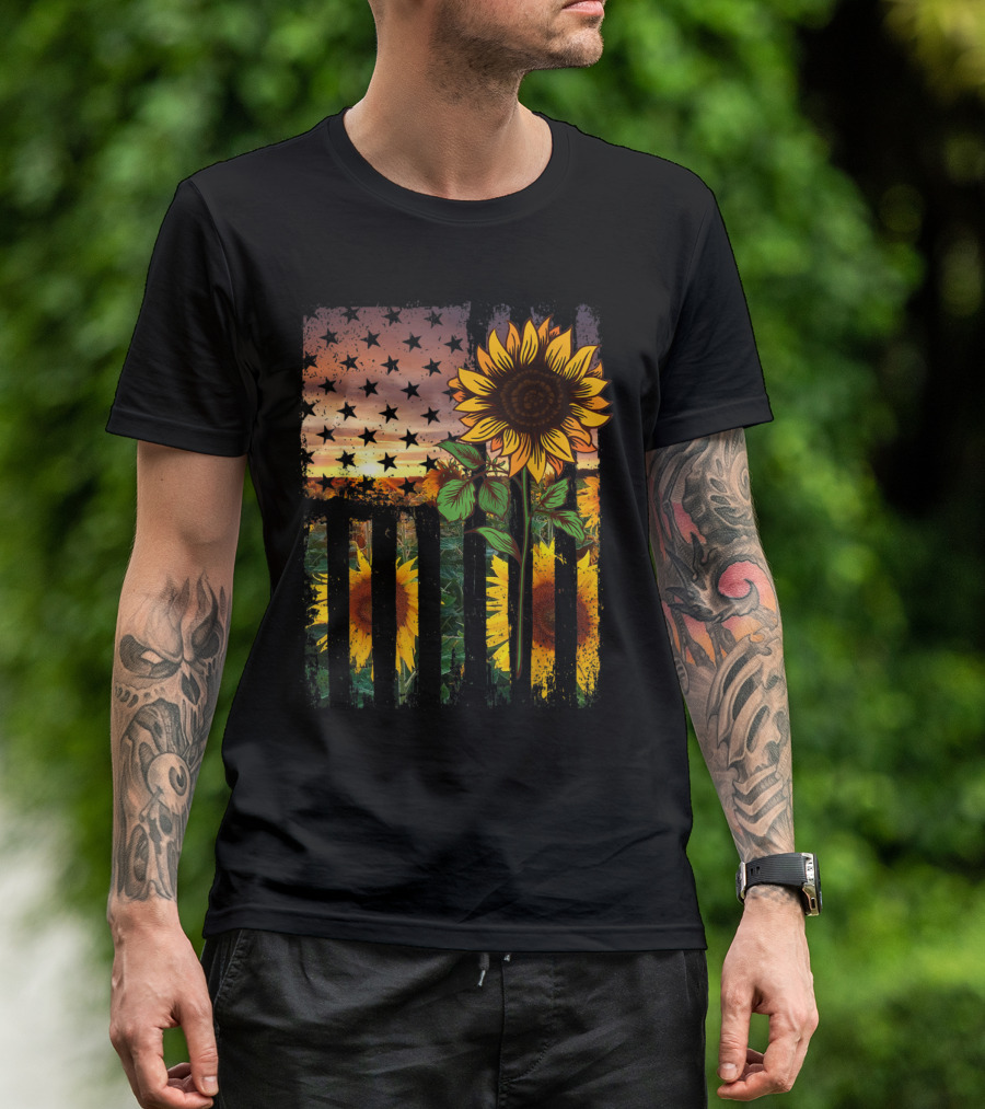 Sunflower And American Flag Sunset 4th Of July T-Shirt
