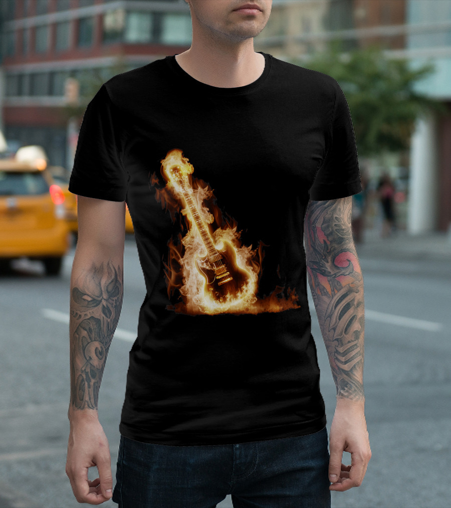 Fiery Electric Guitar Blaze 'Rock Guitar on Fire' T-Shirt